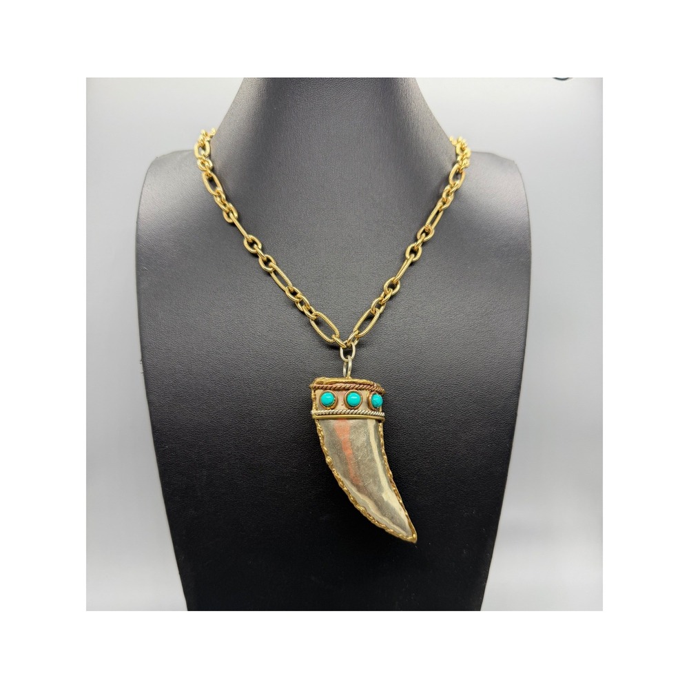 Horn Tusk Pendant Necklace Gold Tone Open Link Blue Faux Stone Boho Mixed Metal